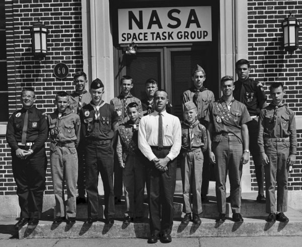 Astronaut Alan Shepard with a group of Scouts from Franklin, VA including at least one Explorer, seen in the back right.  The photo was taken at what is now NASA’s Langley Research Center on 19 June 1961, just weeks after Shepard, a former Scout, became the first American to fly in space.