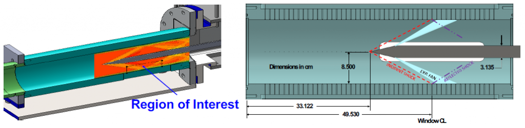 Three-dimensional and cross-section views of axisymmetric centerbody in a round wind tunnel. Oblique shock wave from the centerbody reflects off the tunnel walls.