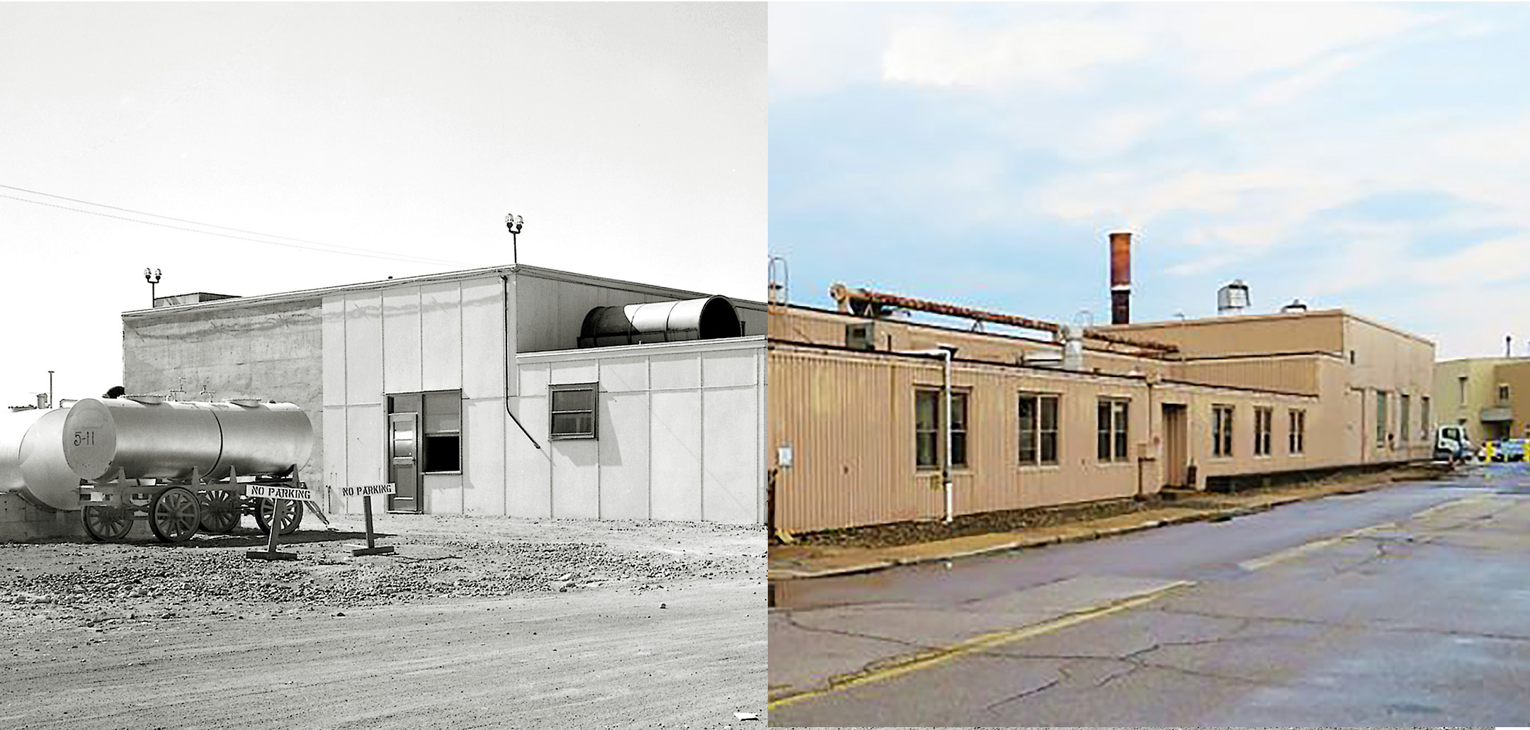 Split photo showing the exterior or the SPL in 1943 and 2017.