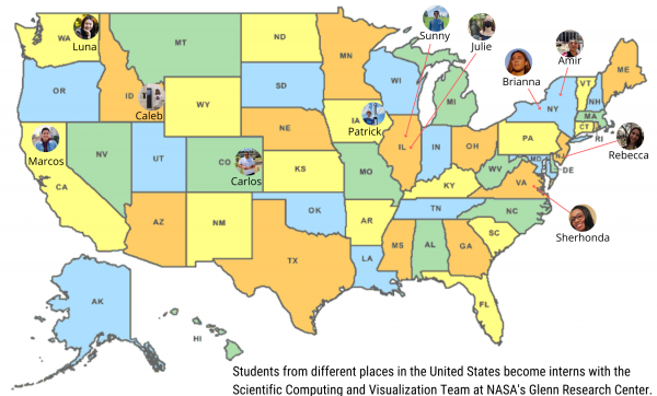 Map of U.S. illustrating where the scientific and visualization interns are from