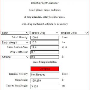 Screen capture of a ballistic flight calculator simulation with input buttons