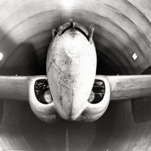 Straight on view of the Bell YP-59A in the AWT test section
