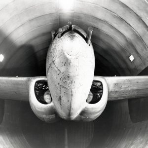 Straight on view of the Bell YP-59A in the AWT test section.