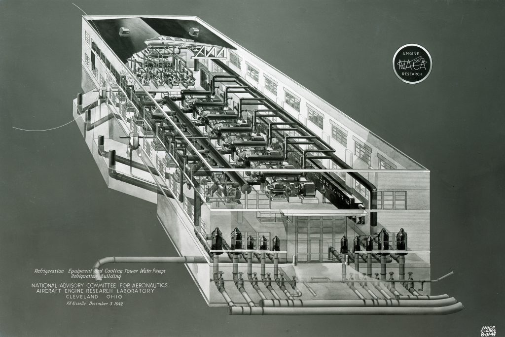Isometric drawing of the Refrigeration Building and its equipment.