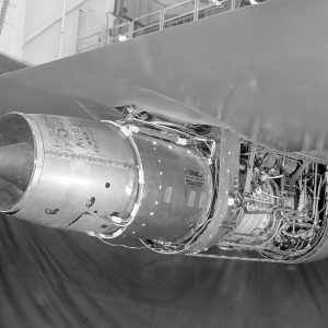 Westinghouse 19B suspended from wing span in AWT test section.