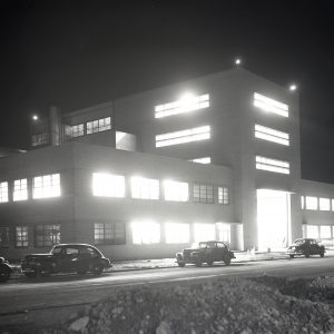 Exterior of the AWT seen from front at night.