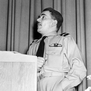 Frank Whittle at podium in Administration Building