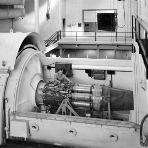 Jet engine installed in the Four Burner Area test section inside the Engine Research Building.