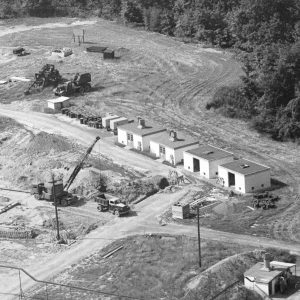 Aerial view of four storage units.
