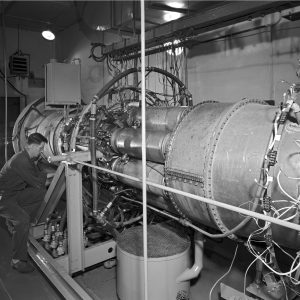 A General Electric TG-180 engine in Cell 6 of the JPSL