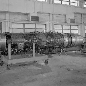 Allison J71 jet engine is prepared for test runs in the Altitude Wind Tunnel