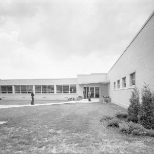 Front entrance of the RETF's Rocket Operations Building in 1957