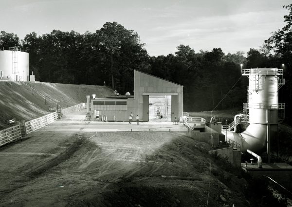 Exterior view of the Rocket Engine Test Facility in the evening on September 12, 1957. 