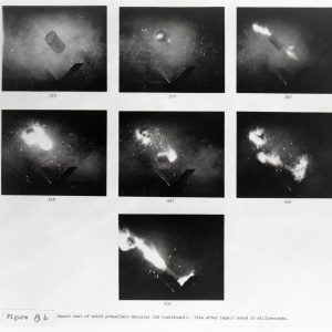 Series of images showing the effect of projectile impact on solid rocket tank.