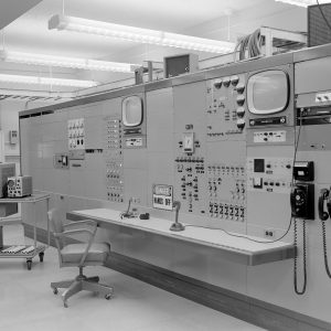 Control panels for the B-1 test stand inside the B Control and Data Building in April 1964.