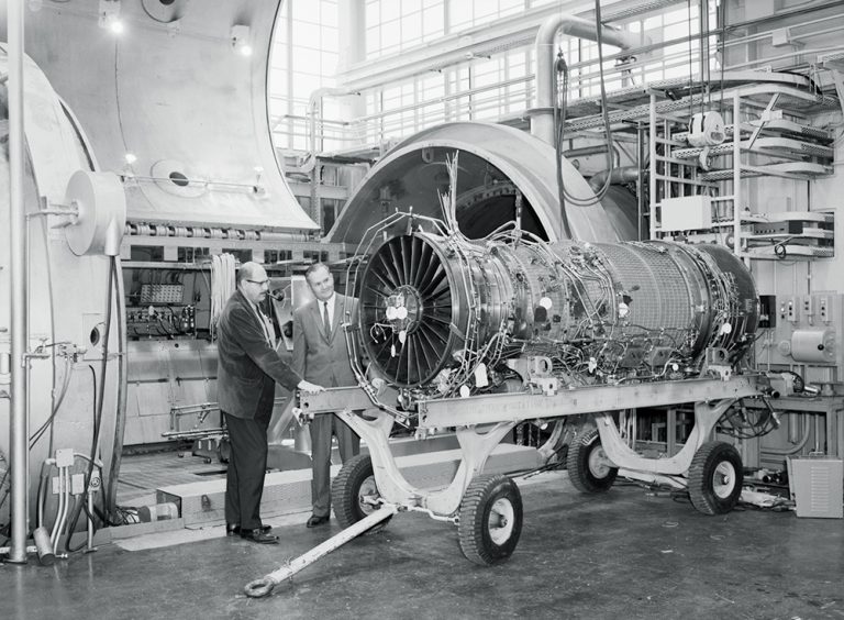 A Pratt & Whitney TF30 turbofan engine about to be installed in PSL No. 1.