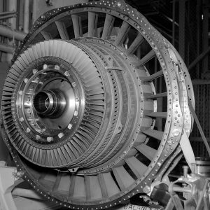 A Pratt & Whitney TF-30 turbofan engine readied for testing in PSL No. 1