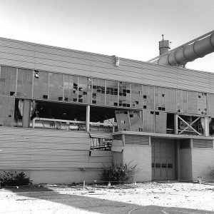 Exterior view of PSL Equipment Building damage from an explosion