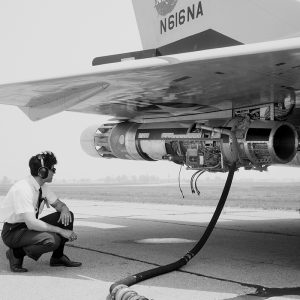 Experimental General Electric J-85 with an acoustic plug nozzle installed on NASA's F-106 Delta Dart.