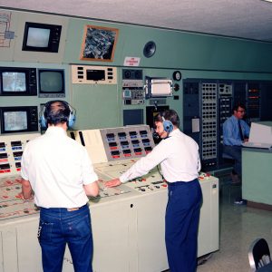 Operators conducting a test from the control room in the ROB Building (1984).