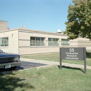 Exterior view of the Service Building and sign.