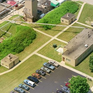 Aerial view of the two control buildings.