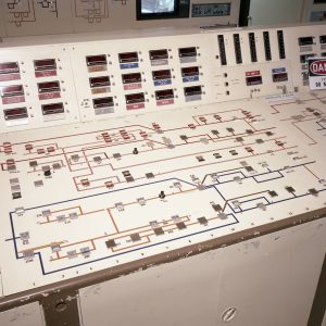Close-up of main control panel for conducting tests in the RETF (1991).