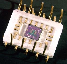 Photo of a silicon based hydrogen sensor composed of both a hydrogen sensitive Schottky diode and resistor for a broad detection range.