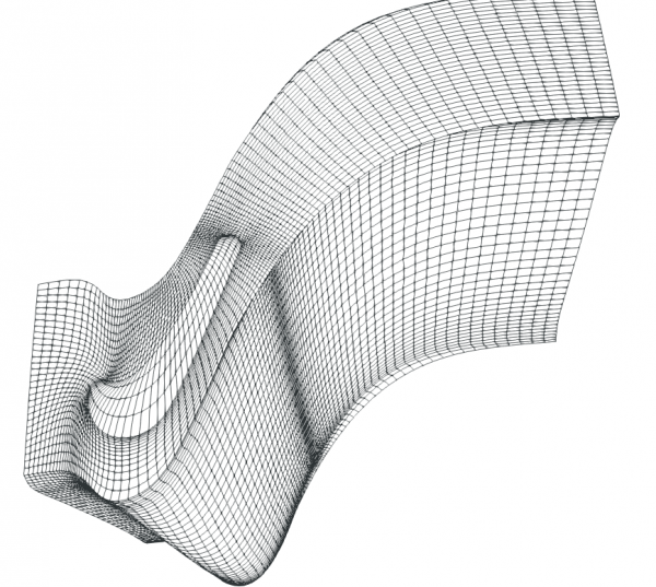 Graphic displaying full three-dimensional grid for axial turbine rotor.