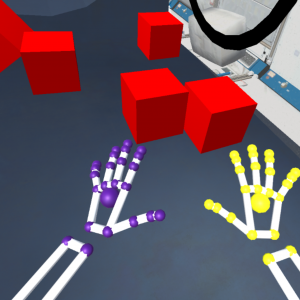 Two simple representations of a user’s hands are shown reaching for a number of red cubes situated in an International Space Station module in this screenshot.