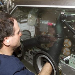 During Increment 6, Flight Engineer Donald R. Pettit works with the InSpace experiments in the Microgravity Science Glovebox. Don Petit was instrumental in providing the excellent video data for InSPACE. The final InSPACE runs were performed in Expedition 12 and 13 with astronauts William McArthur and Jeff Williams gathering the science data. (NASA)