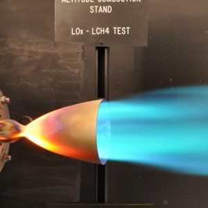 100-lbf liquid oxygen_liquid methane engine shown in a NASA test facility
