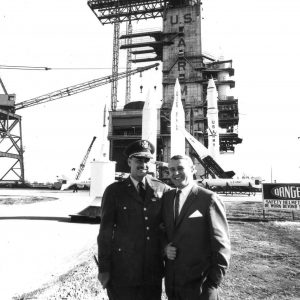 von Braun and Medaris standing in front of launch pad.