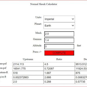 Screen capture of a Normal shock Calculator to insert input and observe and examine output of results