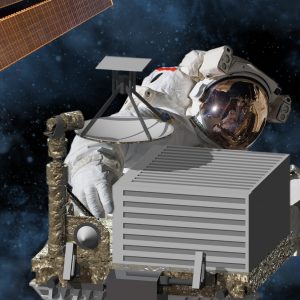 Astronaut in an EVA handling a satellite