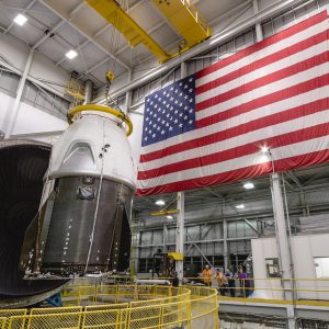 The SpaceX Dragon crew vehicle being prepared for thermal Vacuum Testing at the In-Space Propulsion Facility (ISP)