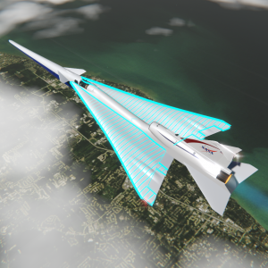 X-59. a supersonic jet, flies among the clouds high above land in this screenshot.
