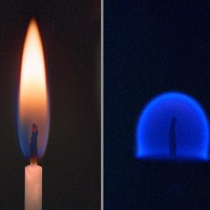 A candle flame in Earth's gravity (left) and microgravity (right) showing that difference in the processes of combustion in microgravity. Image courtesy of NASA, Johnson Space Center.