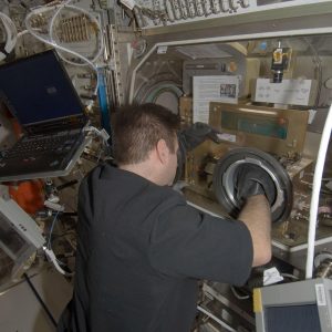 View of Expedition 17 flight engineer Gregory Chamitoff, in the European Lab, Columbus as he works with the Shear History Extensional Rheology Experiment (SHERE) rheometer is inside the Microgravity Sciences Glovebox (MSG).