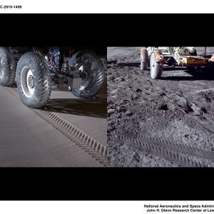 LRV tracks in the GRC-1 simulant (left) compared to LRV tracks on the Moon (right)