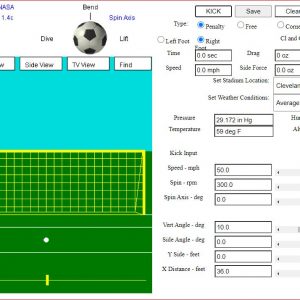 Screen capture of a simulation displaying a soccer field, buttons and sliders