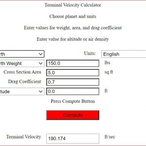 Screen capture of Terminal Velocity Calculator with input buttons