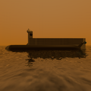 A concept submarine vehicle floats on methane ocean under a dark, hazy sky in this screenshot.