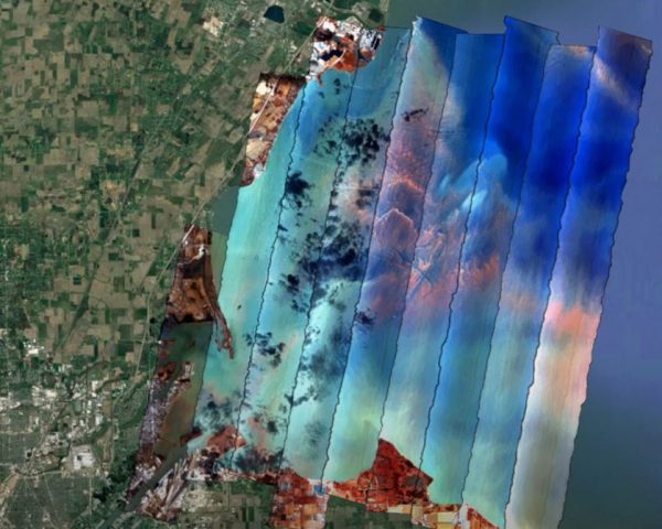 overhead image of lake erie showing stripes of hyper-spectral data