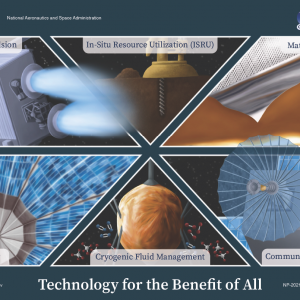 Artist rendition of six Compass design studies entitled Technology for the Benefit of All. The 6 designs shown are propulsion, in-situ resource utilization, materials, power, cryogenic fluid management, and communication.