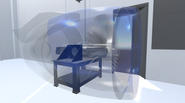 Virtual engine nacelle and fan superimposed upon actual test hardware
