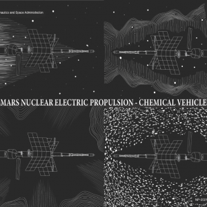 Artist black and white rendition of the Mars Nuclear Electric Propulsion (NEP)-Chemical Vehicle, four views.