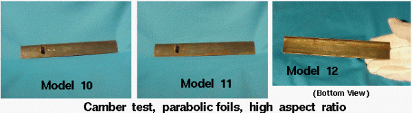 camber test, arc foils, high aspect ratio. Models 10, 11, and 12 are parabolic airfoils with the same area and same rectangular planform. 