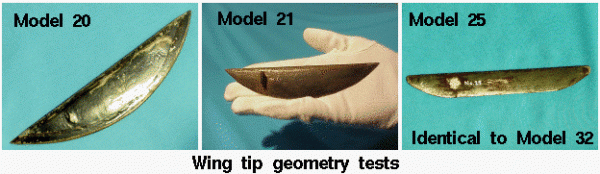 wing tip geometry tests. Models 20, 21, and 25 have the same area and same planform. 