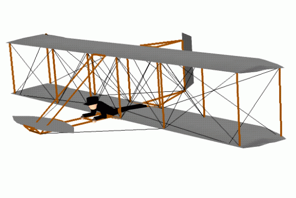 Computer animation of the Wright 1902 aircraft showing the wings moving up and down. 